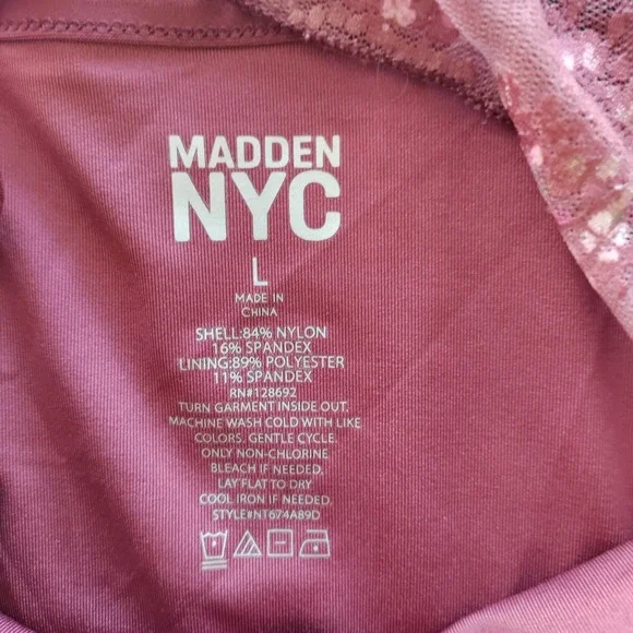 Madden NYC Womens Floral Lace Long Sleeve Bodysuit Merlot NT674A89D Large - Picture 3 of 5